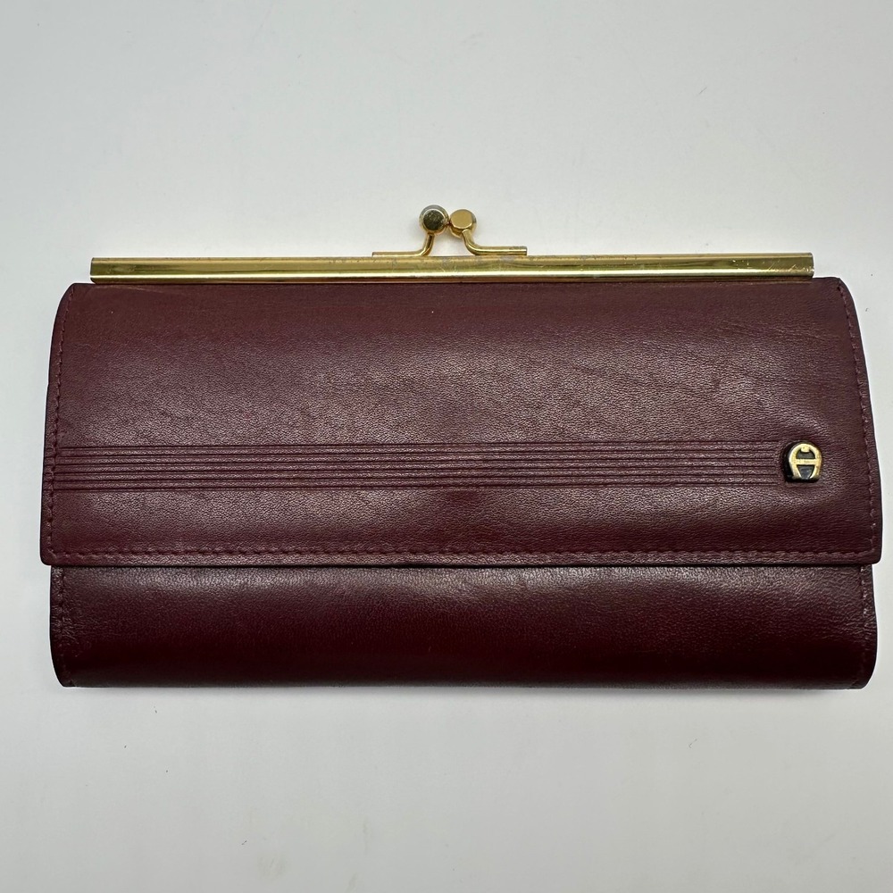 Vintage Etienne Aigner Wallet Red Dark Burgundy Leather Pocket Kiss Lock